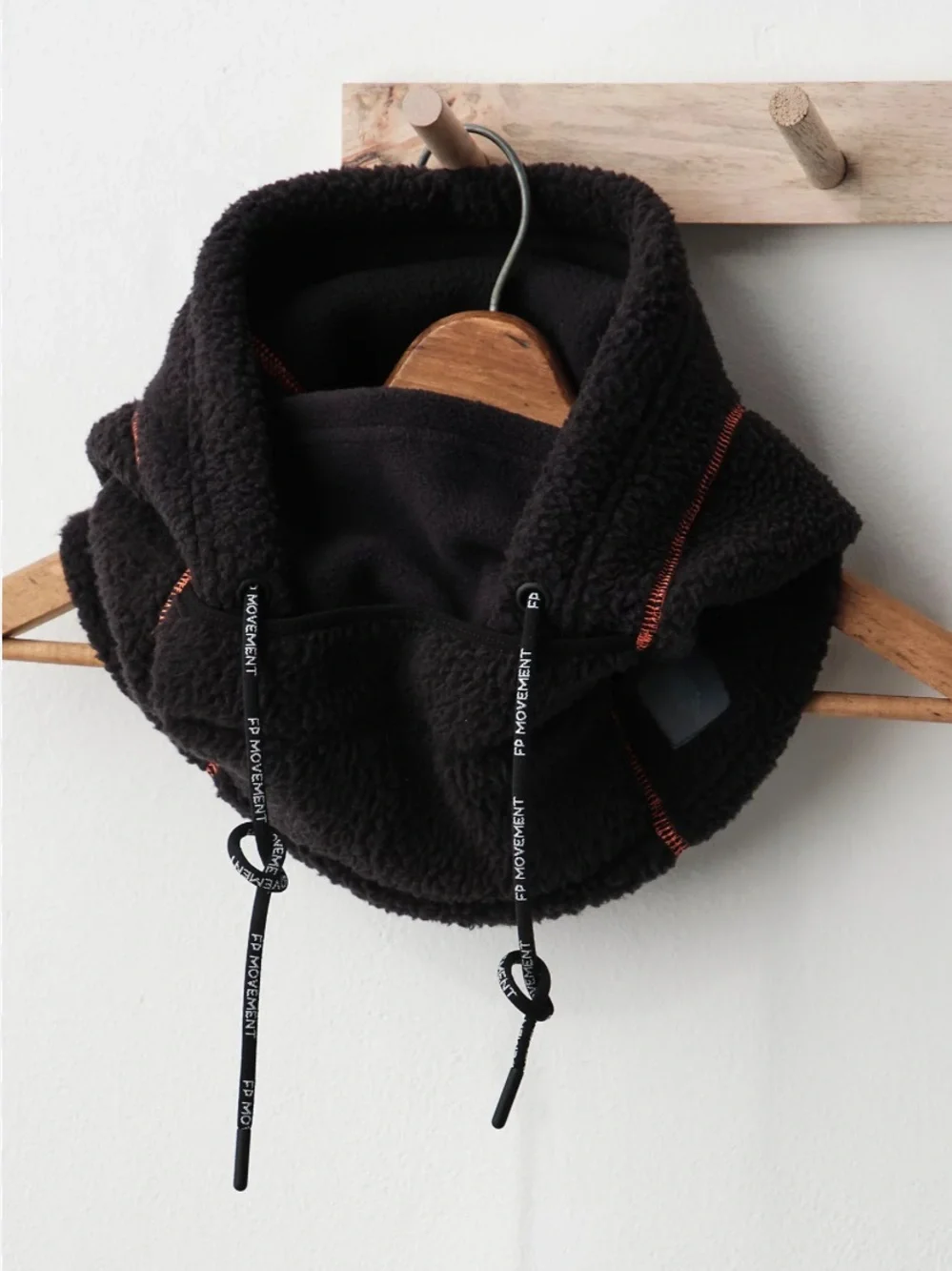 Free People FP Movement Hit The Slopes Balaclava Black Fleece Red Stitch Hood